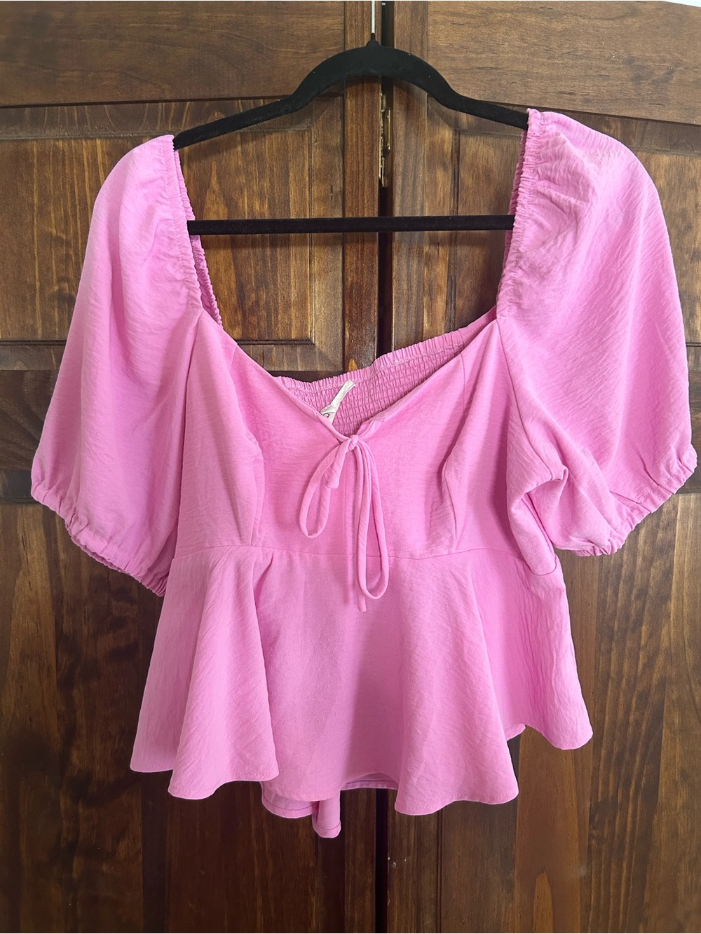 Women's Pink Tie-Front Peplum Blouse with Puff Sleeves